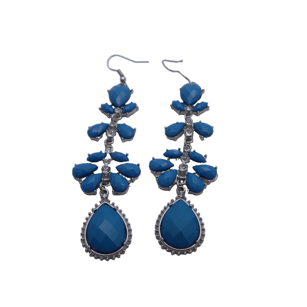 Blue Chandelier Dangle Drop Earrings Teardrop Leaf Pront Set Statement Boho